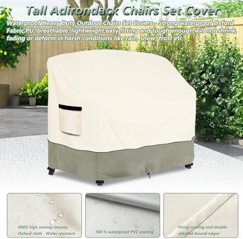 Tall Adirondack Chairs Set Cover for Poly Balcony Chair with Connecting Tray Patio Stools,100% Waterproof Heavy Duty Tall Outdoor Adirondack Chair Table Covers, Beige