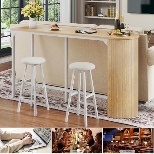 Fluted Bar Table and Chairs Set, 55'' Long Bar Tables with 2 Stools, 3 Piece Counter Height Dining Table for 2, Space Saving Kitchen Table for Bar, Dining Room, Kitchen, Breakfast Nook Corner, Natural