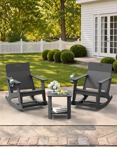 Ciokea Outdoor Rocking Chair with Pull-Out Footrest, Solid Backrest, Grey