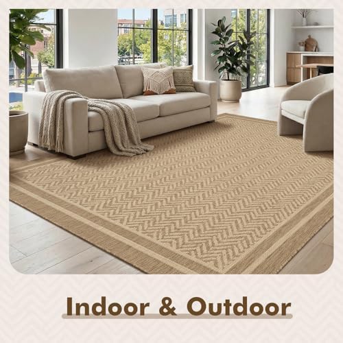 MontVoo-Outdoor Rug-Patio Rug 5x7 Polypropylene Indoor Outdoor Rugs Outdoor Carpet for Patio Deck Balcony Porch, Textured Weave, Durable for High Traffic, Fade-Resistant, Boho Farmhouse Neutral Brown