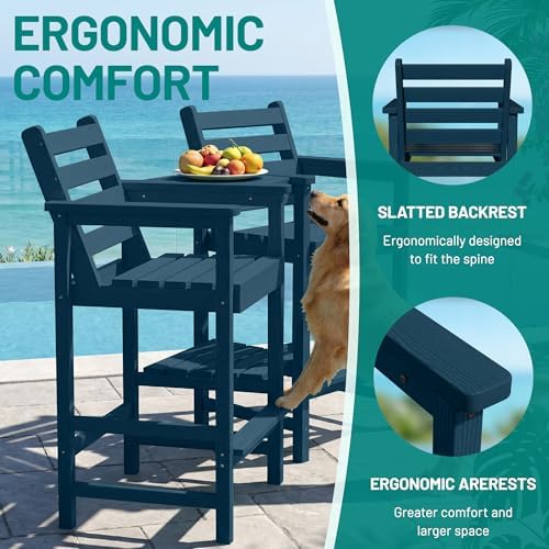 PLUUV Tall Adirondack Chairs Set of 2 with Double Connecting Trays,Navy