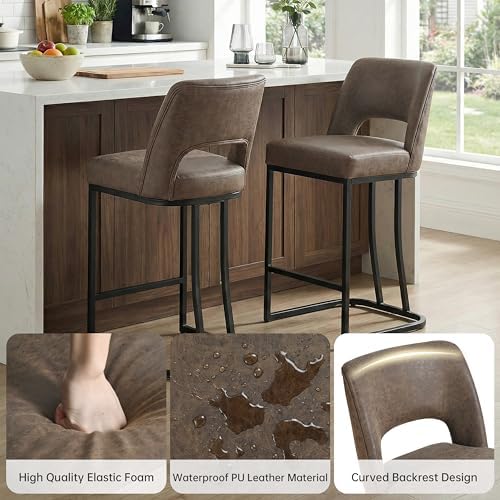 Usaint 25" Counter Height Faux Leather Bar Stools Set of 2, Dark Brown