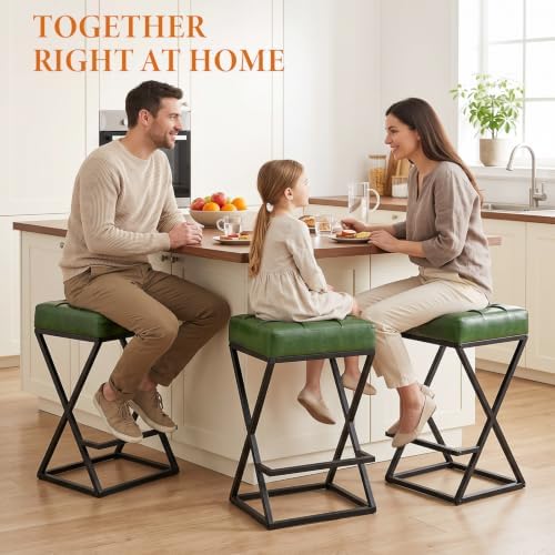 Bar Stools Set of 3, 26 Inch Counter Height Stool Faux Leather Green