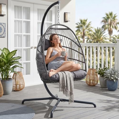 NICESOUL Swing Egg Chair with Stand Indoor Outdoor, Comfortable All Weather Wicker Patio Hanging Egg Shaped Chair with Cushions, 350lbs Capacity Hammock Chairs for Porch Balcony Bedroom, Dark Gray