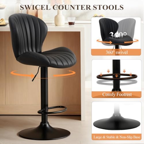 COLAMY Bar Stools Set of 3,Swivel Adjustable Height Leather Bar Chair,Black