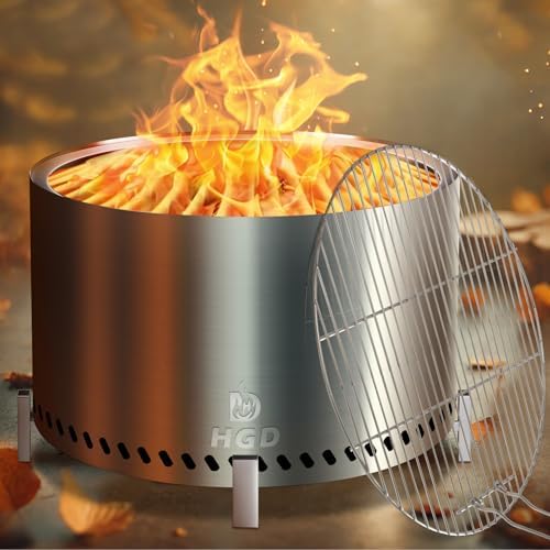 HGD 28" Smokeless Fire Pit with Stand & Grill Rack, Large Stainless Steel Wood Burning Firepit with Secondary Combustion, Backyard Patio Stove for Outdoor, Garden, BBQ & Bonfire (Silver)