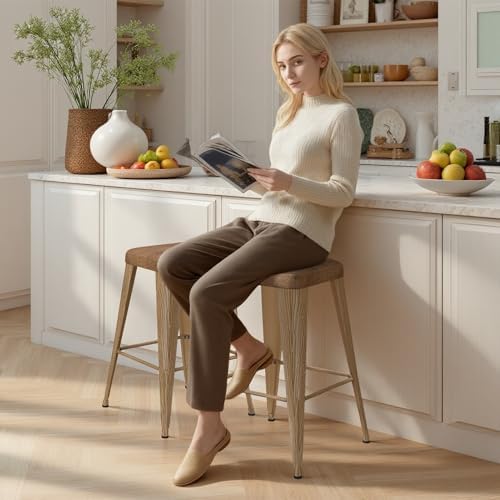 Bar Stools Set of 4, 24" Counter Height Bar Stools Backless, Upholstered Bar Stools with Metal Legs for Kitchen Island, Study Room, Cafe, Walnut