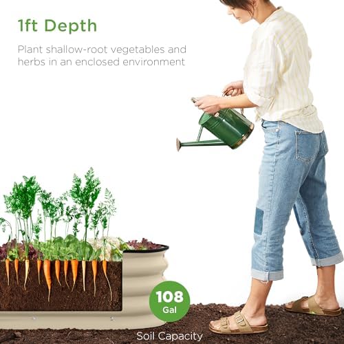 Best Choice Products 8x2x1ft Outdoor Metal Raised Garden Bed, Oval Deep Root Planter Box for Vegetables, Flowers, Herbs, and Succulents w/ 108 Gallon Capacity - Beige