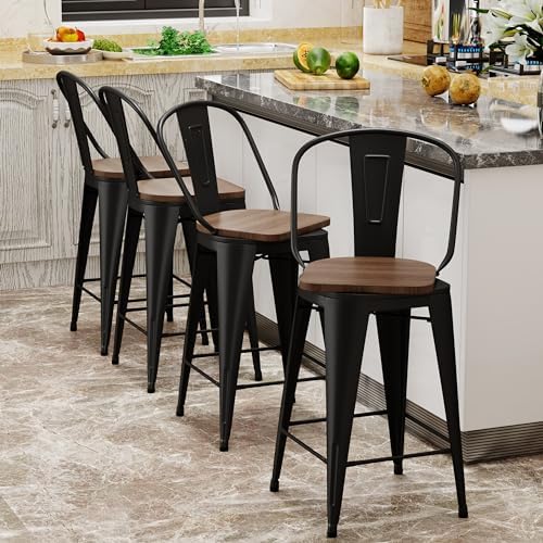 Aklaus Swivel Metal Bar Stools Set of 4 Counter Height Stools Counter Bar Stools with Back Swivel Metal Bar Chairs Wooded Seat 26 Inch Matte Black barstools