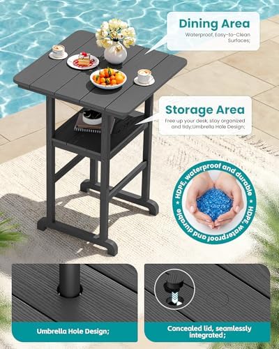 SERWALL 3 Pcs HDPE Bar Height Chairs and Double Layer Pub Table Set, Gray