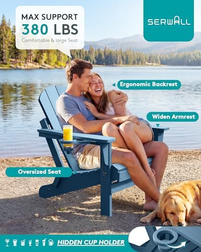 SERWALL Folding Adirondack Chair Set of 2 with Cup Holder for Fire Pit-Blue