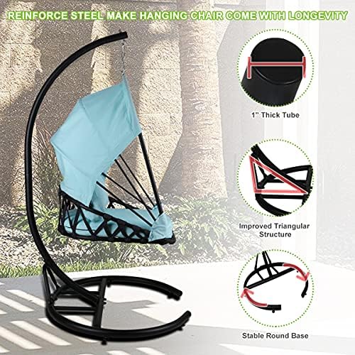Foldable Hanging Chair Swing Hammock Egg Chair PE Rattan Wicker Seat w/Padded Cushion Headrest Pillow Canopy for Outdoor, Indoor, Grey