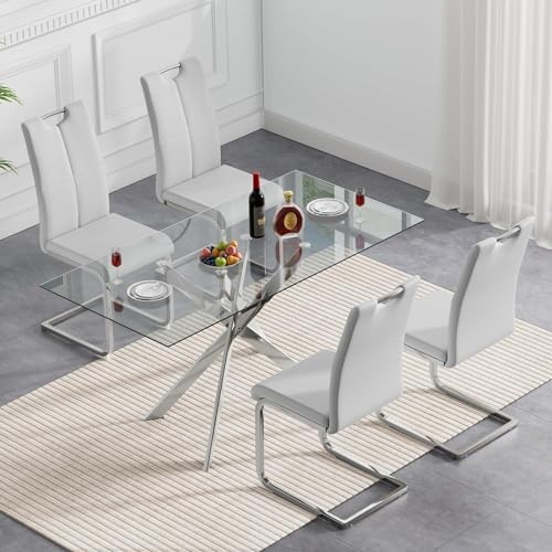 5 Piece Modern Dining Table Set of 4, 51" Tempered Glass Rectangle Dining Tables and 4 Leather Gray Dining Chairs, 51 inch Kitchen Tables with Silver Metal Base, Large Dining Table Set