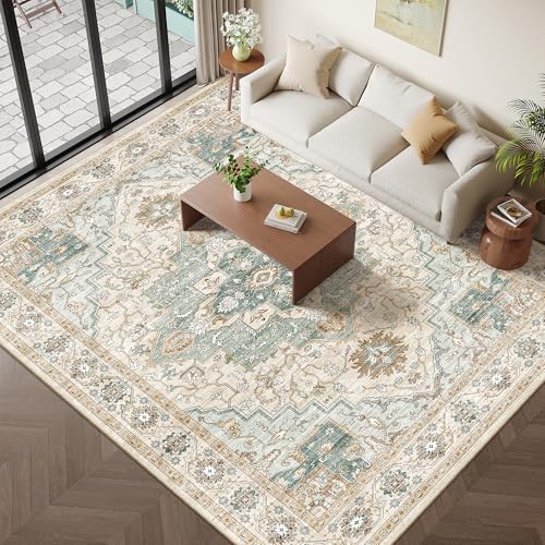 Washable 8x10 Area Rugs, Non Slip Living Room Rug Green/Beige