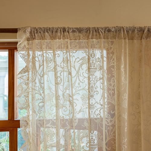 TUDECO Beige Lace Ruffle Curtains 80 Inch Length, Rustic Floral 2 Panels