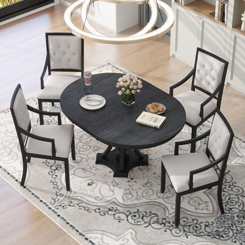 LUMISOL Extendable Round Dining Table Set for 4-6, 42"-58" Round to Oval Kitchen Table Set with 4 Upholstered Chairs for Kitchen, Dining Room, Small Space, Black Oak