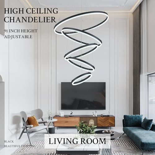5-Rings D31.5in Modern LED Chandelier Black Dimmable High Ceiling Chandeliers Foyer with Remote Control for Entryway Living Room Dining Room Staircase, 3000K-6500K