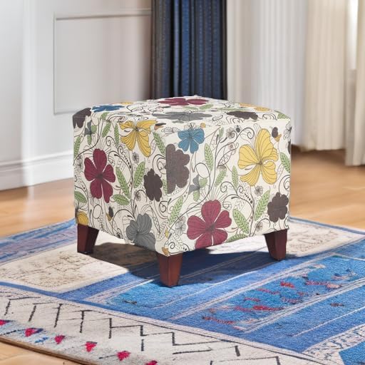 Adeco Floral Printed Linen Ottoman, 16.3" Upholstered Cube Foot Stool with Wood Legs, Small Accent Footrest for Living Room, Bedroom Vanity, and Under Desk - Burnt Orange & Blue