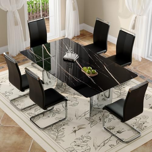 Modern Dining Table Set for 6,7 Piece Glass Dining Table Set,71-Inch Rectangular Faux Marble Tabletop with H-Shaped Silver Stainless Steel Base,Black Kitchen Table with 6 Dining Chairs
