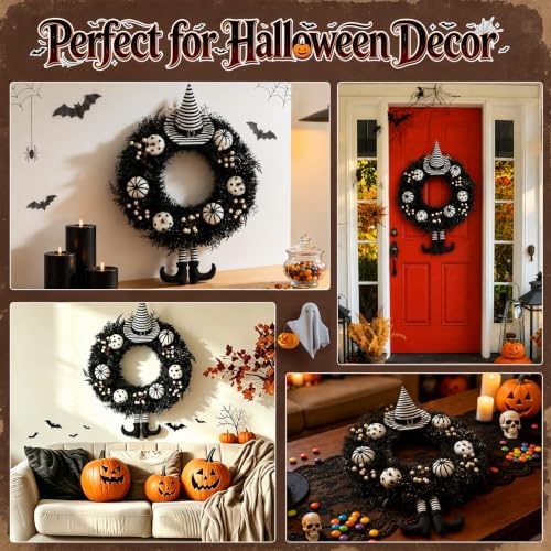 Grooy 24 Inch Halloween Wreath for Front Door with Striped Hat, Legs