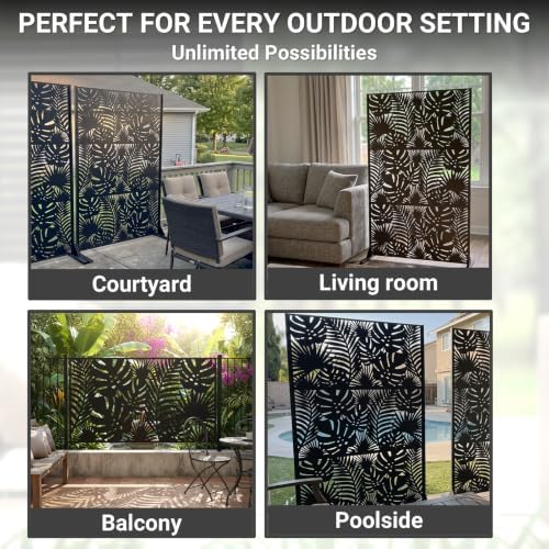 Metal Privacy Screen Outdoor – 72in Decorative Laser Cut Steel Garden Divider Panel with Tropical Leaf Design, Weatherproof Freestanding Modern Privacy Fence for Patio, Deck, Backyard & Balcony