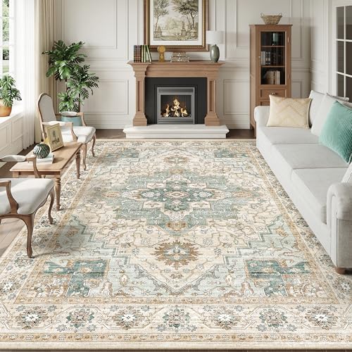 Washable 8x10 Area Rugs, Non Slip Living Room Rug Green/Beige