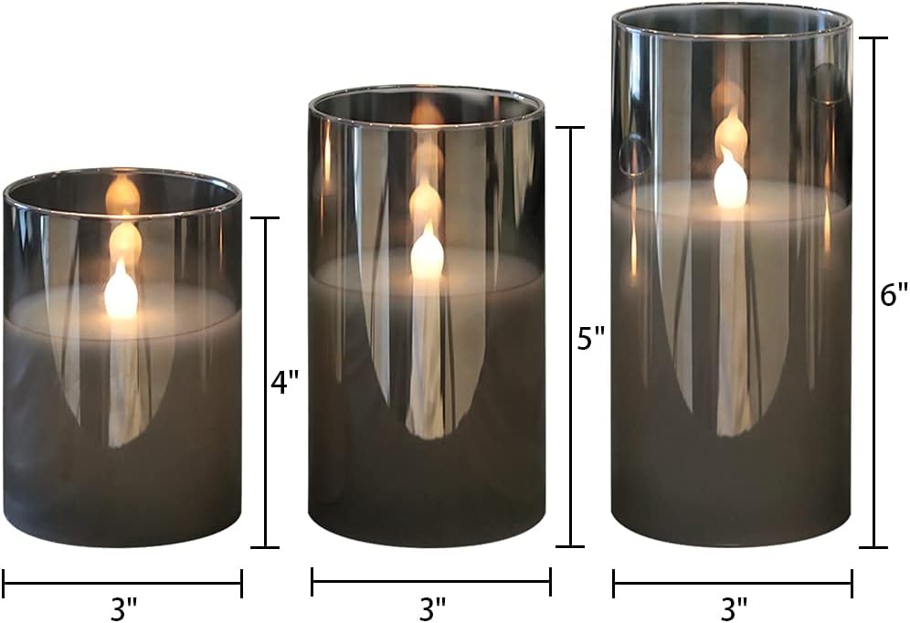 GenSwin Gray Glass Flameless Led Candles Battery Operated with Timer and 10-Key Remote, Real Wax Warm Light Candles Flickering for Wedding Festival Home Decoration (Set of 3)
