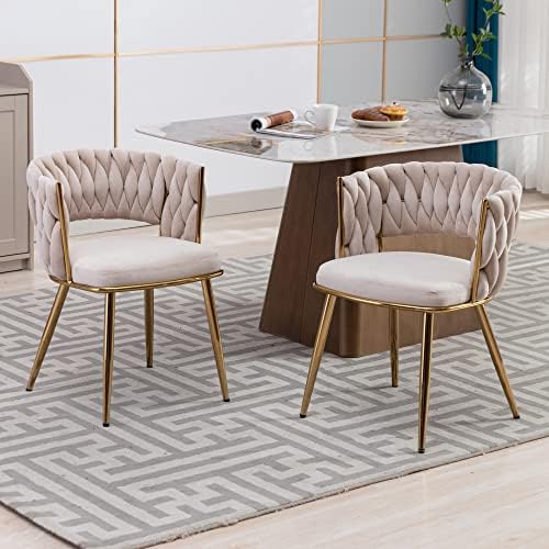 KCC Velvet Dining Chairs Set of 6,Woven Chairs with Metal Legs,Green