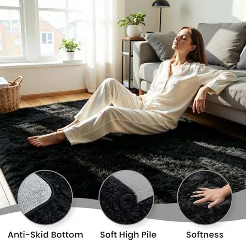 6x9 Fluffy Area Rug for Living Room: Soft Non-Slip Black Bedroom Carpet