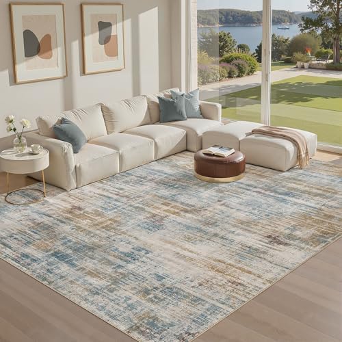 UERMEI 9x12 Area Rug for Living Room Washable Abstract Blue Brown Carpet
