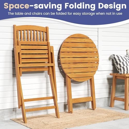 GIANTEX Patio Bistro Set 3 Pieces, Outdoor Acacia Wood Folding Table & Chairs Set with 2 Padded Cushions, Patio Conversation Furniture Set for Backyard, Garden, Balcony, Poolside (Natural & Navy)