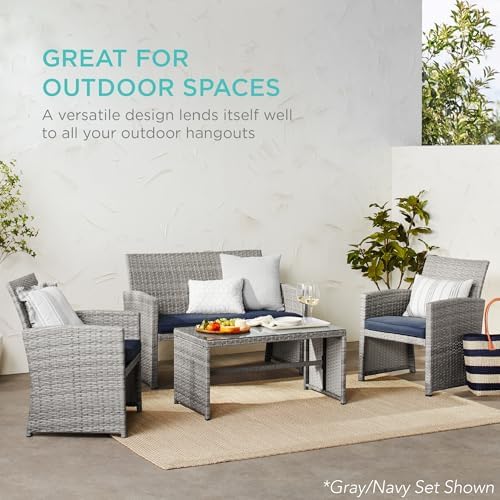 Best Choice Products 4-Piece Outdoor Wicker Patio Conversation Furniture Set for Backyard w/Coffee Table, Seat Cushions - Black/Peacock