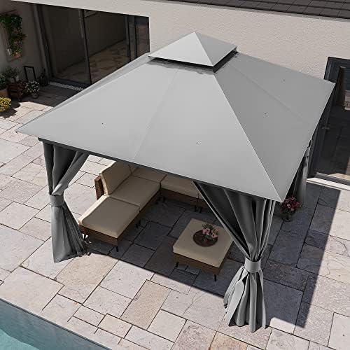 LAUSAINT HOME 10x10 Gazebo Canopy, Heavy Duty Metal Frame Patio Canopy with 180G Water-Resistant Canopy, Double Roof, Mosquito Netting & Privacy Curtains for Backyard, Garden, Lawn, Gray