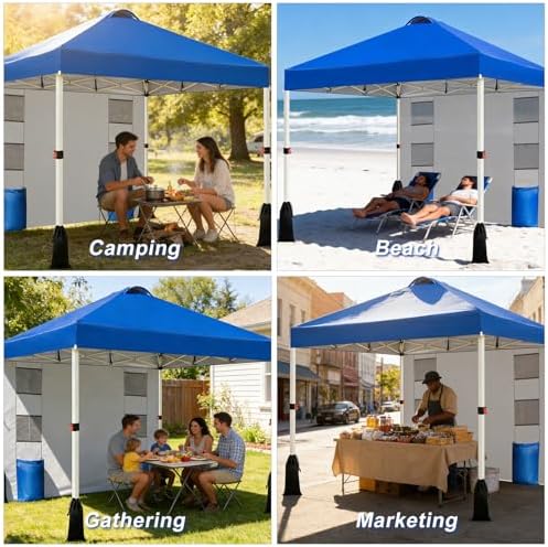WEIZE 10x10 Pop Up Canopy Tent, 1-Button Push Setup Canopy Tent with 1 Sidewall, Adjustable Height Instant Portable Shelter,Portable Roller Bag, Easy Outdoor Sun Shade for Events,4 Weight Bags,Blue
