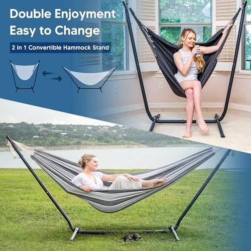 SUNCREAT 2-in-1 Convertible Backyard Fabric Hammock with Stand, Gray