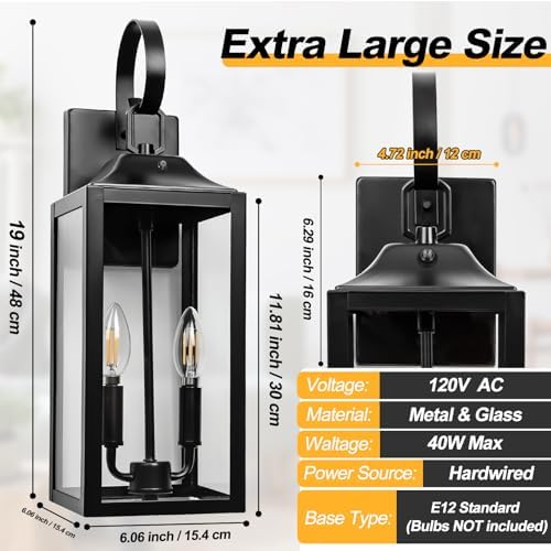 19" Large Dusk to Dawn Outdoor Wall Lantern 2-Light, Modern Porch Lights
