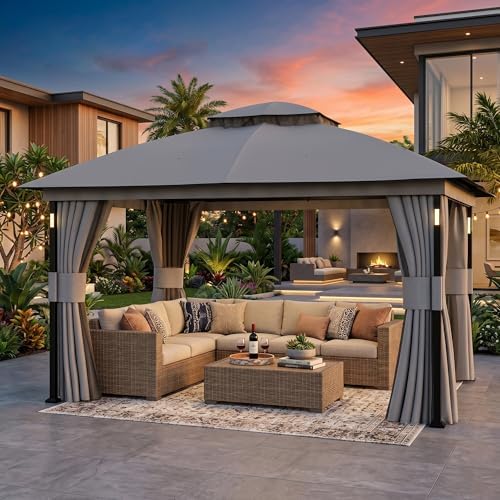 Covered Outdoor Patio Gazebo 11'x13' with LED Lights & Bluetooth Speaker