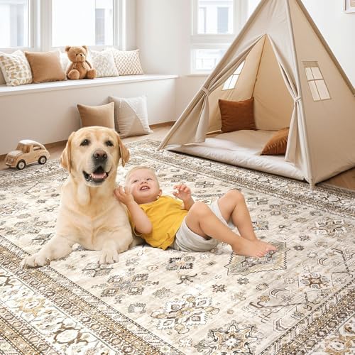 cotiled 6x9 Area Rug for Living Room, Washable, Traditional, Beige