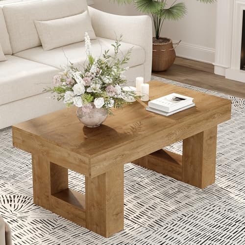 Rectangular Coffee Table, Heavy Duty Center Tables with Annual Ring Pattern, Farmhouse 42 Inch Wooden Coffee Table w Thick U-Shaped Base, Rectangle Side Tables for Living Room, Honey Brown