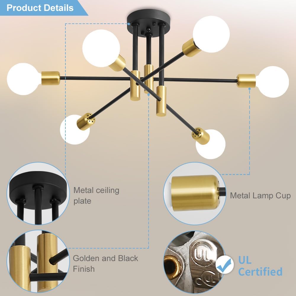 Modern Chandelier Ceiling Light Fixture, 6-Light Sputnik Dining Chandeliers