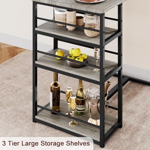 Dining Table Set for 2 with 3 Storage Shelves, 3-Piece Counter Height Kitchen Table Set with 2 Upholstered Bar Stools, Bar Table and Chairs Set for Small Space, Gray