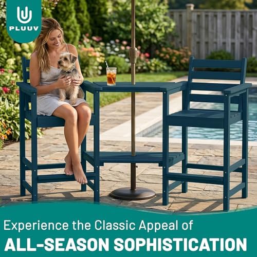 PLUUV Tall Adirondack Chairs Set of 2 with Double Table Trays, Navy
