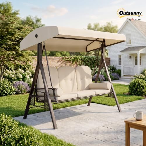 Outsunny 3-Seat Patio Swing Chair Adjustable Canopy Beige