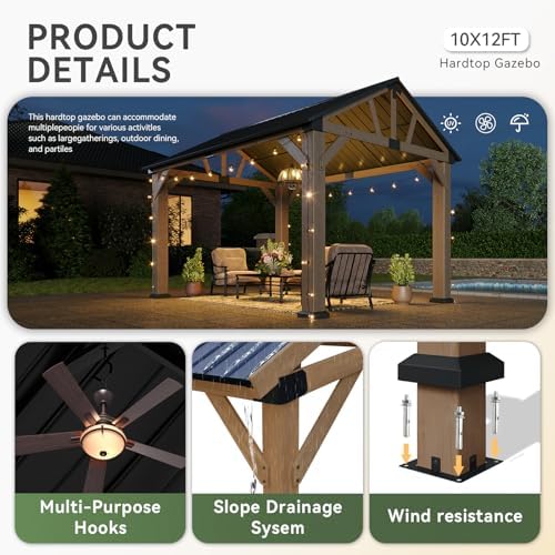 Aoxun 10' x 12' Wood Gazebo with Gable Galvanized Steel Roof, Natural