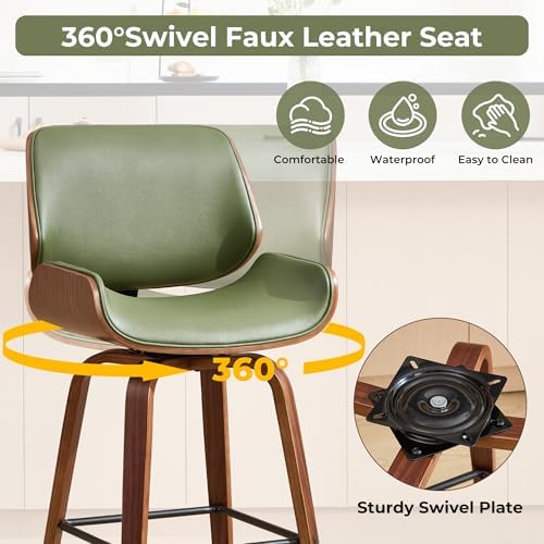 Swivel Bar Stools Set of 2,24" Upholstered Faux Leather Barstools,Mid Century Modern Counter Height Barstools with Walnut Bentwood Back & Legs,Bar Chairs for Kitchen Island Counter Bar Green