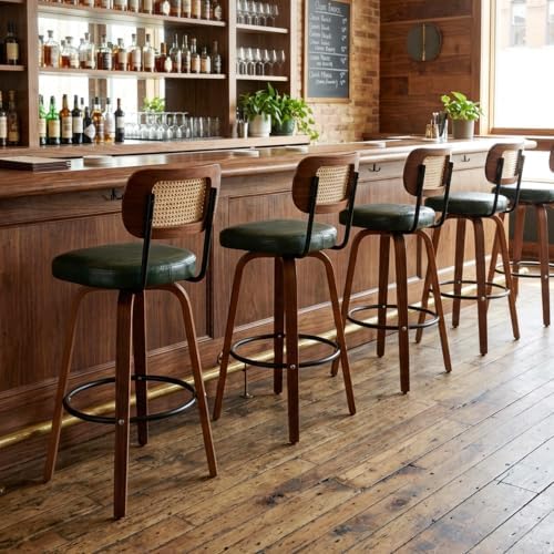Rattan Bar Stools Set of 2,Upholstered PU Leather, 30''Counter Height Barstools with Back and Wood Legs,360°Swivel,Mid-Century Modern Bar Stool for Kitchen Island Dining Room and Bar(Vintage Green)