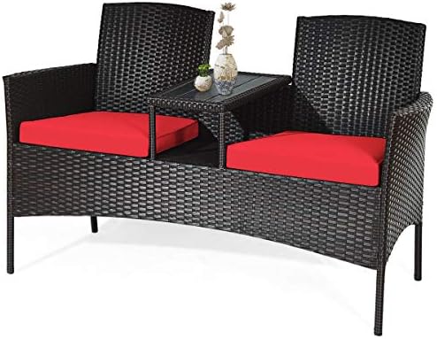 Tangkula Outdoor Rattan Loveseat, Patio Conversation Set with Cushions & Table, Modern Patented Wicker Sofa Set with Built-in Coffee Table, Rattan Sofas for Garden Lawn Backyard
