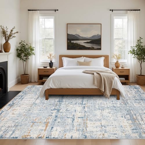 Rugxara 8x10 Blue Modern Abstract Washable Rug for Living Room