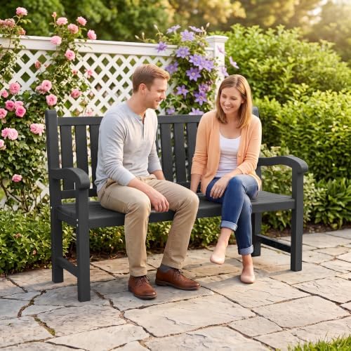 Weatherproof Resin Outdoor Garden Bench, 2-Seater, Black