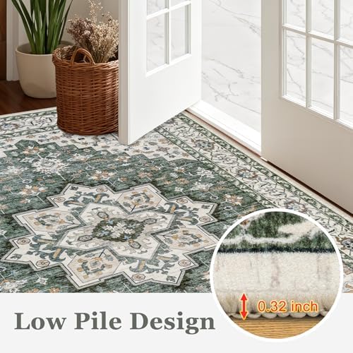 10x14 Area Rugs Living Room: Washable Rug for Bedroom Green Ivory